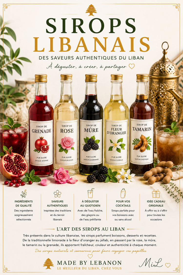 Sirops libanais : rose, jallab, mûre, tamarin et saveurs du Liban