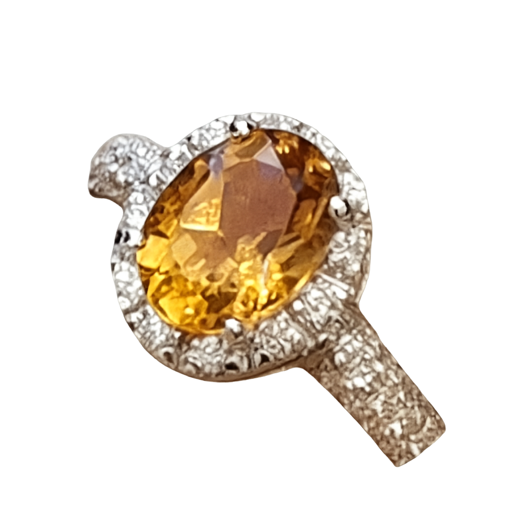 Bague Or Blanc Citrine Diamants 3,40g Bijou Libanais