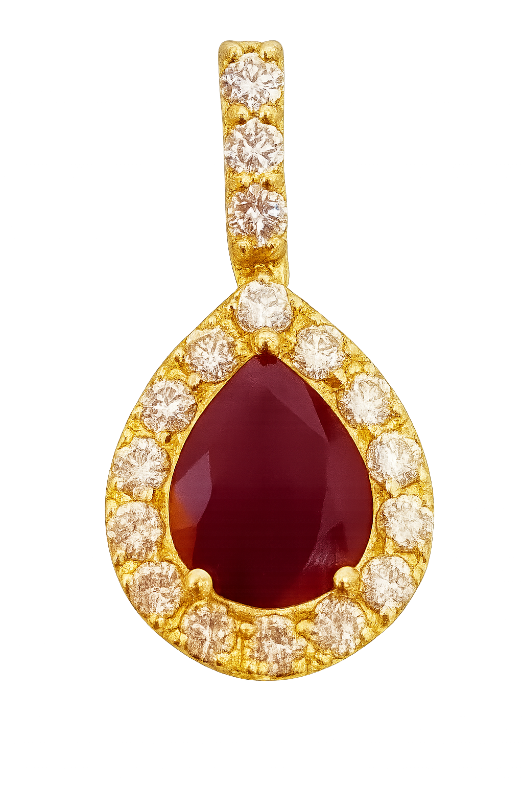 Pendentif en Or Jaune Libanais Serti d'un Rubis Taille Poire et de Diamants Ronds
