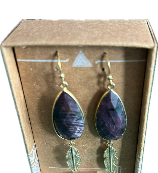 Boucles Oreilles Feuilles Pierre Mauve